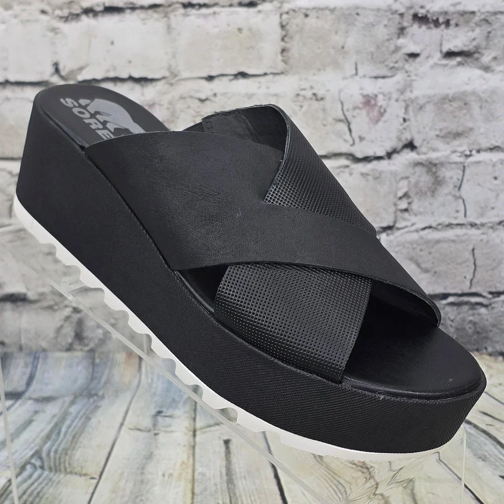 Sorel Cameron Flatform Mule Womens 7.5 Black Leather Wedge Sandal NL4632-010